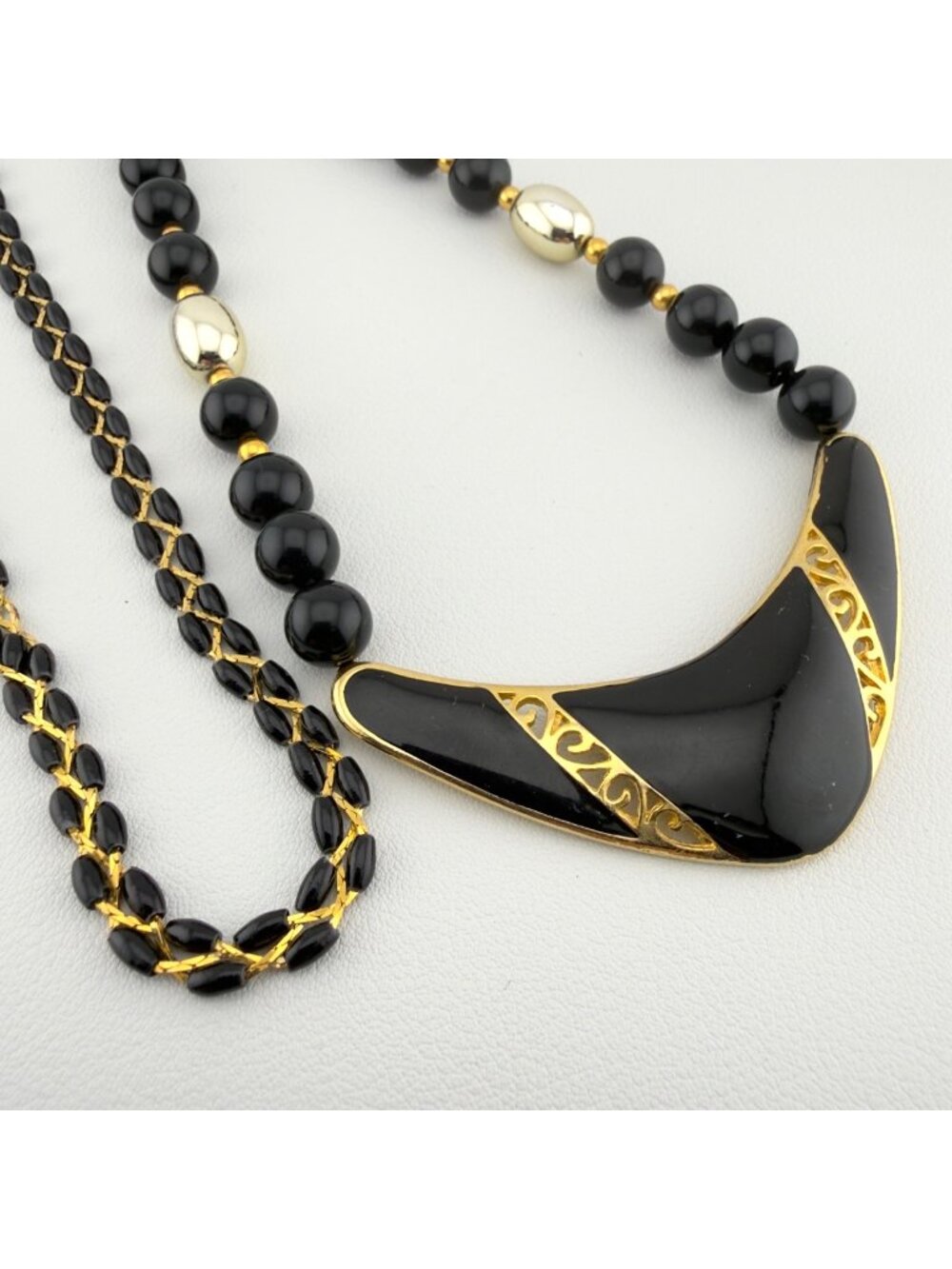 Vintage Black Enamel Beaded Pendant Necklace Set Layered Gold Tone